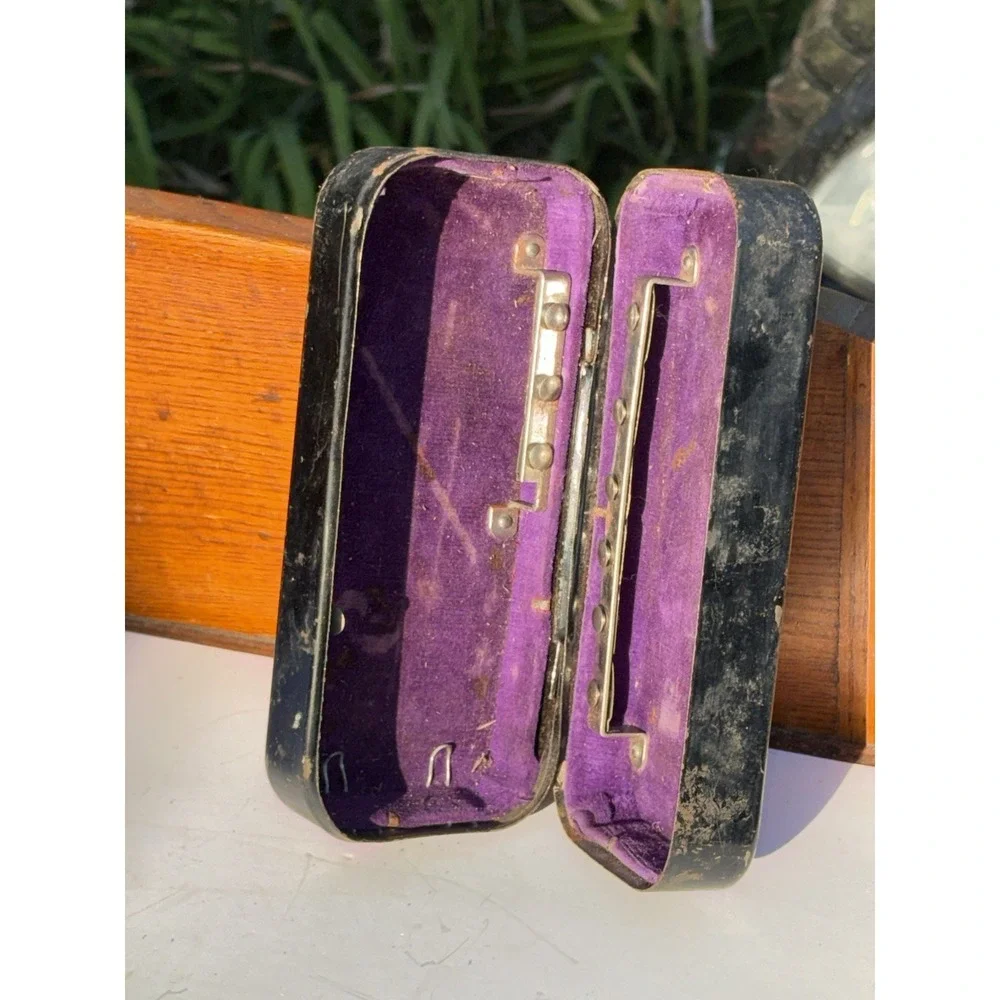 Vintage Black Metal Sewing Machine Accessories Box Purple Velvet Interior Rustic
